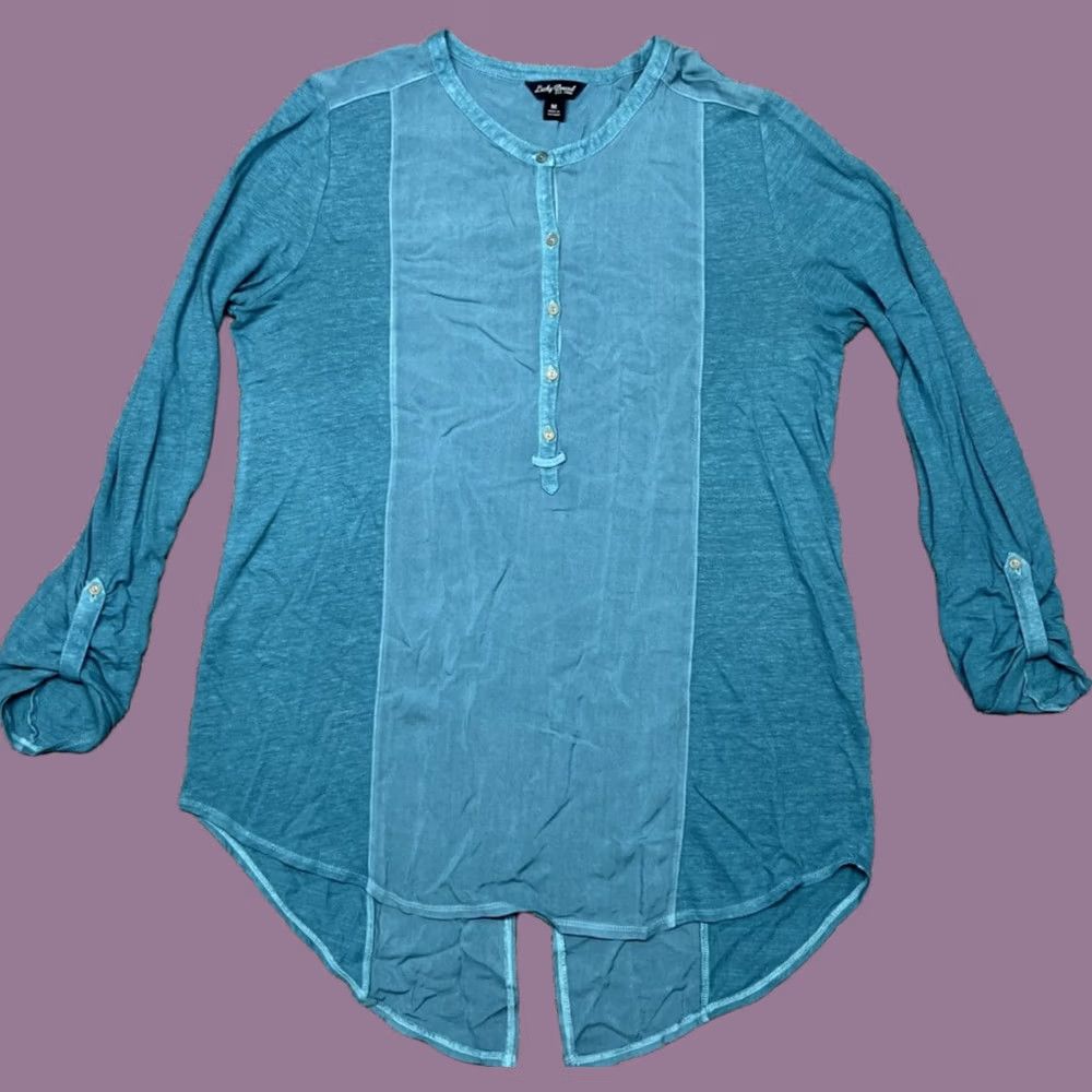 Lucky Brand Lucky Brand Blouse Womens M Blue Long Sleeve Roll Tab V Neck Buttons Pullover Size M / US 6-8 / IT 42-44 - 1 Thumbnail
