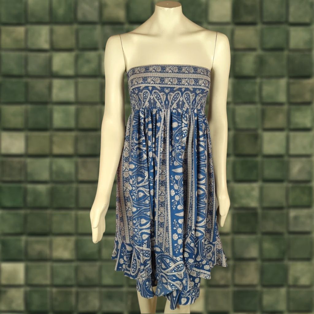 Vintage Storia Blue Boho Bandana Printed Ruffle Convertible Maxi Skirt Smocked Dress S (Blue) Green? Size 28" / US 6 / IT 42 - 1 Thumbnail