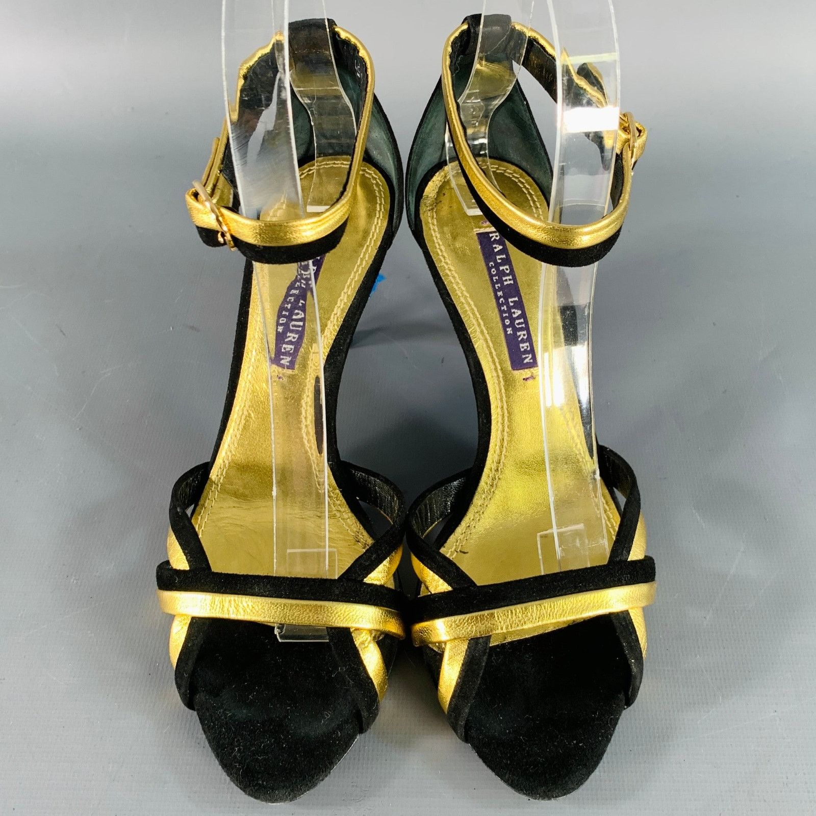 Ralph Lauren Black Metallic Gold Suede Leather Strappy Ankle Sandals Size US 6 / IT 36 - 4 Thumbnail