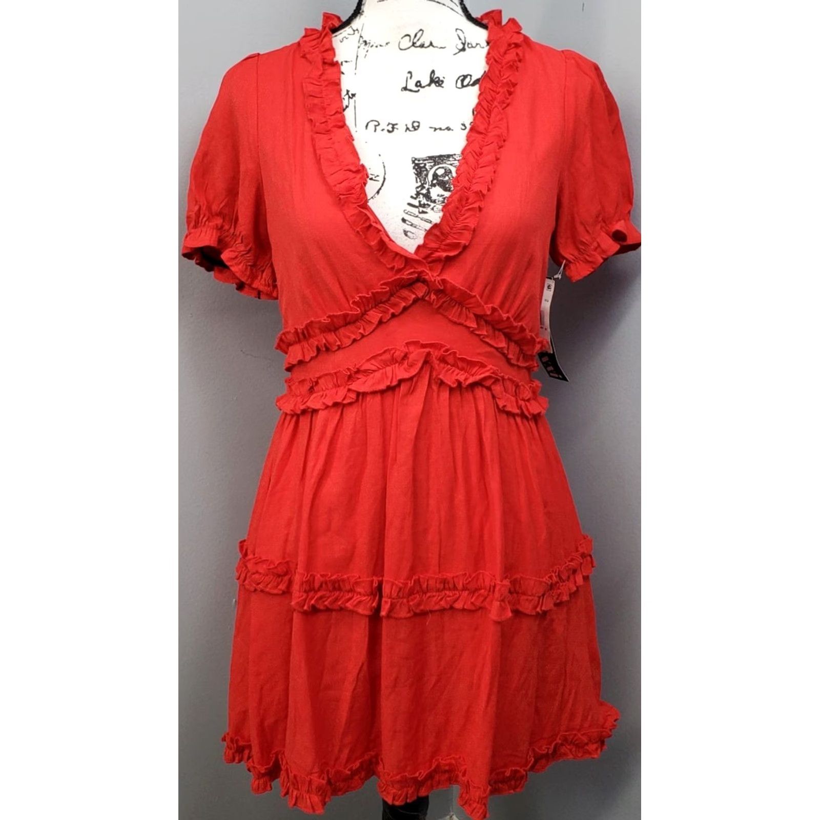 Vintage Trixxi Womens Dress M Red Lined Ruffle Detail Short Sleeve Fit & Flare Casual Party/Cocktail Vintage: No Size 32" / US 10 / IT 46 - 2 Thumbnail