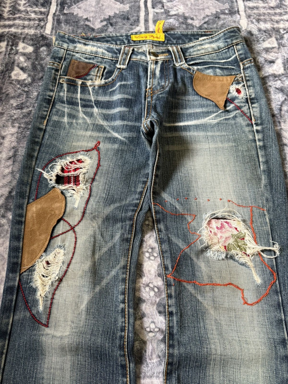 Hysteric Glamour Lucy Pearl Patch Work Leather Trimmed Shashiko Flared Jeans Size US 27 - 3 Thumbnail