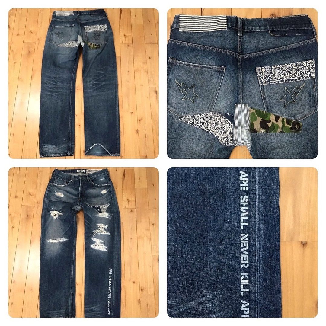 Bape × Nigo BAPE camo DAMAGE DENIM PANTS a bathing ape NIGO ★size M Size US 32 / EU 48 - 1 Thumbnail