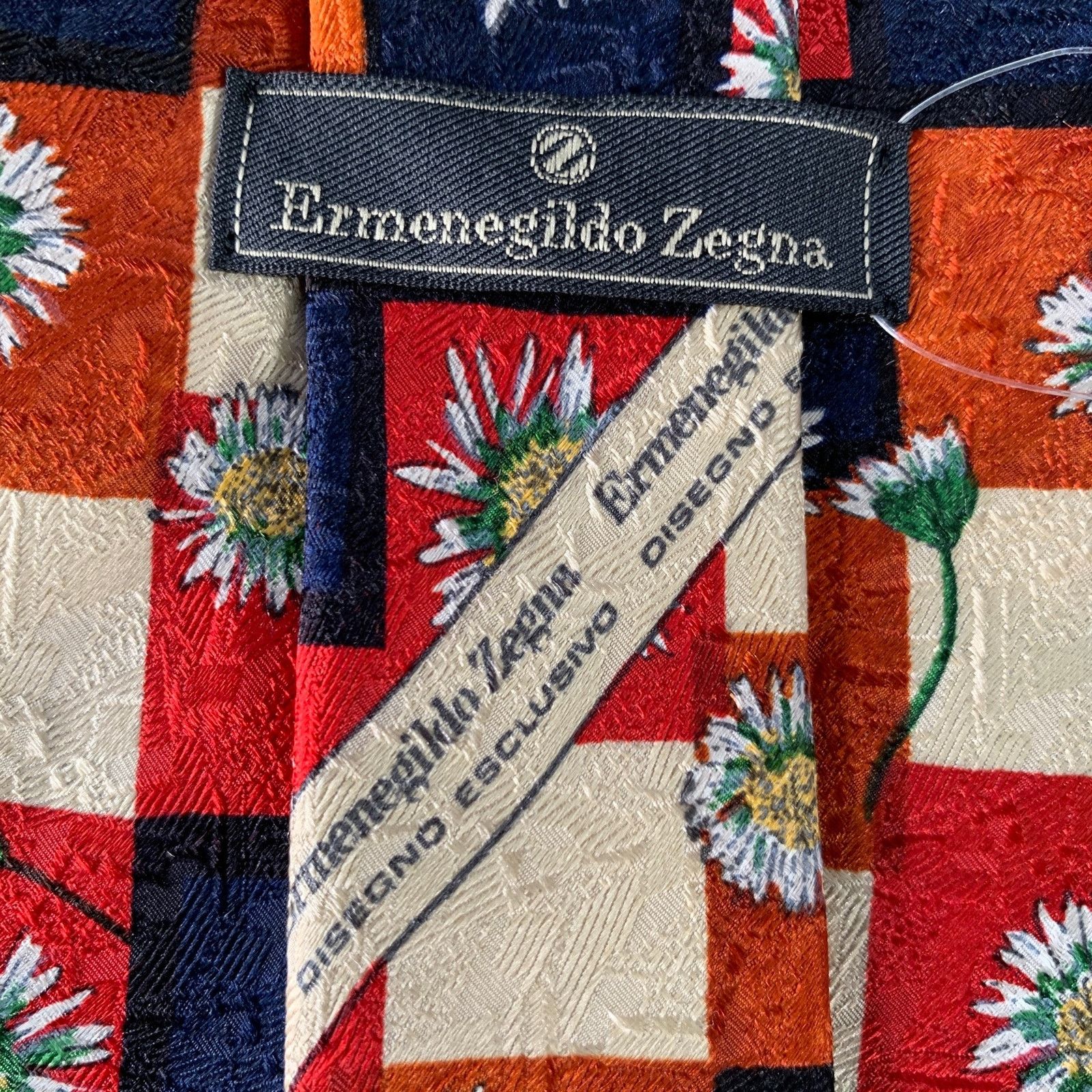 Ermenegildo Zegna ERMENEGILDO ZEGNA Red Navy Cream Checkered Floral Silk Tie Size ONE SIZE - 3 Thumbnail