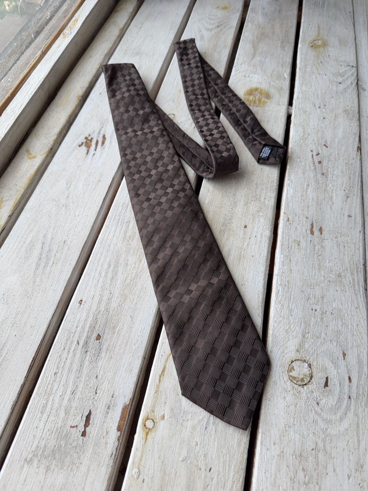 Designer × Hugo Boss Hugo Boss Brown Geometric Silk Tie Checkered Pattern Size ONE SIZE - 1 Thumbnail