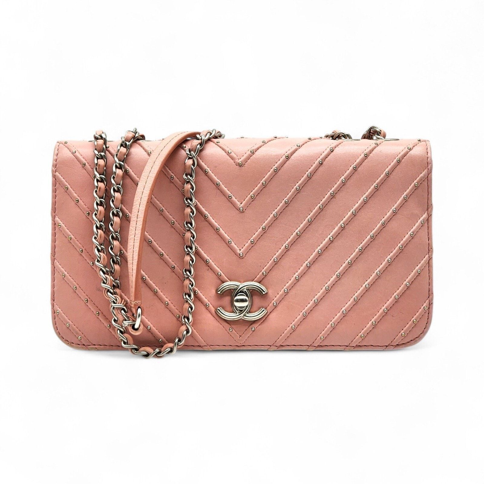 Chanel CC Clasp Medium Calf Leather Flap Bag Studded Chevron Pink Size ONE SIZE - 1 Thumbnail