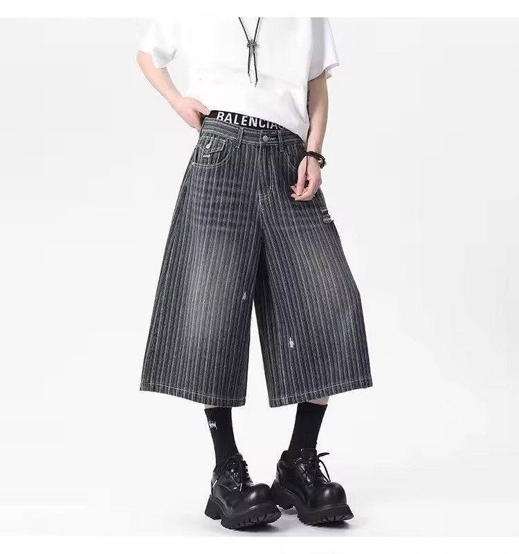 Jean Stripe Streetwear Baggy Loose Washed Black Shorts Y2k Size US 34 / EU 50 - 3 Thumbnail
