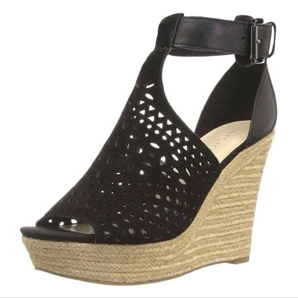 Marc Fisher Marc Fisher Black Suede T-Strap Wedge Sandals Size US 7.5 / IT 37.5 - 1 Thumbnail
