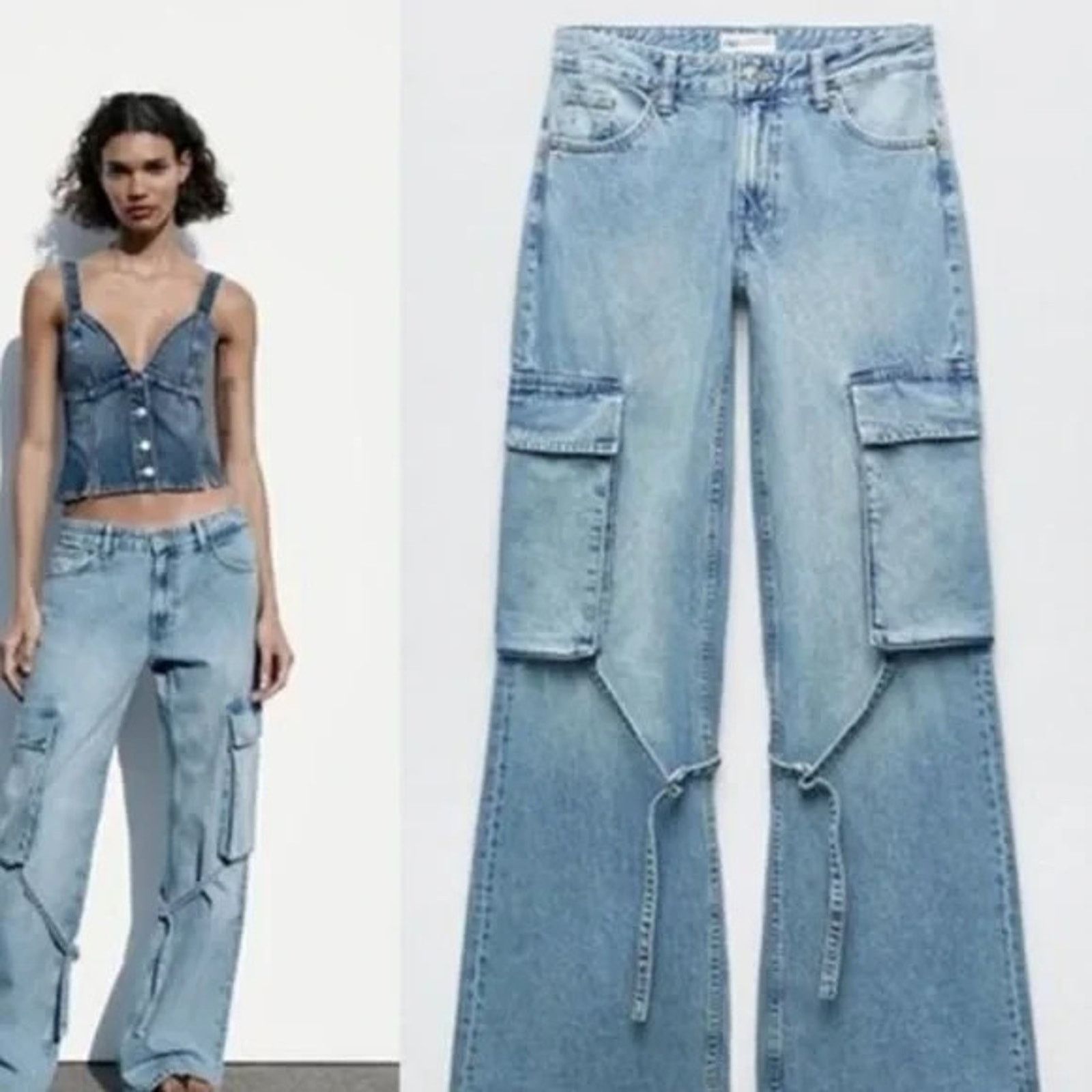 Zara ZARA TRF BAGGY FLARE DENIM BELTED LEG CARGO JEANS SZ 2 Size 26" / US 2 / IT 38 - 5 Thumbnail
