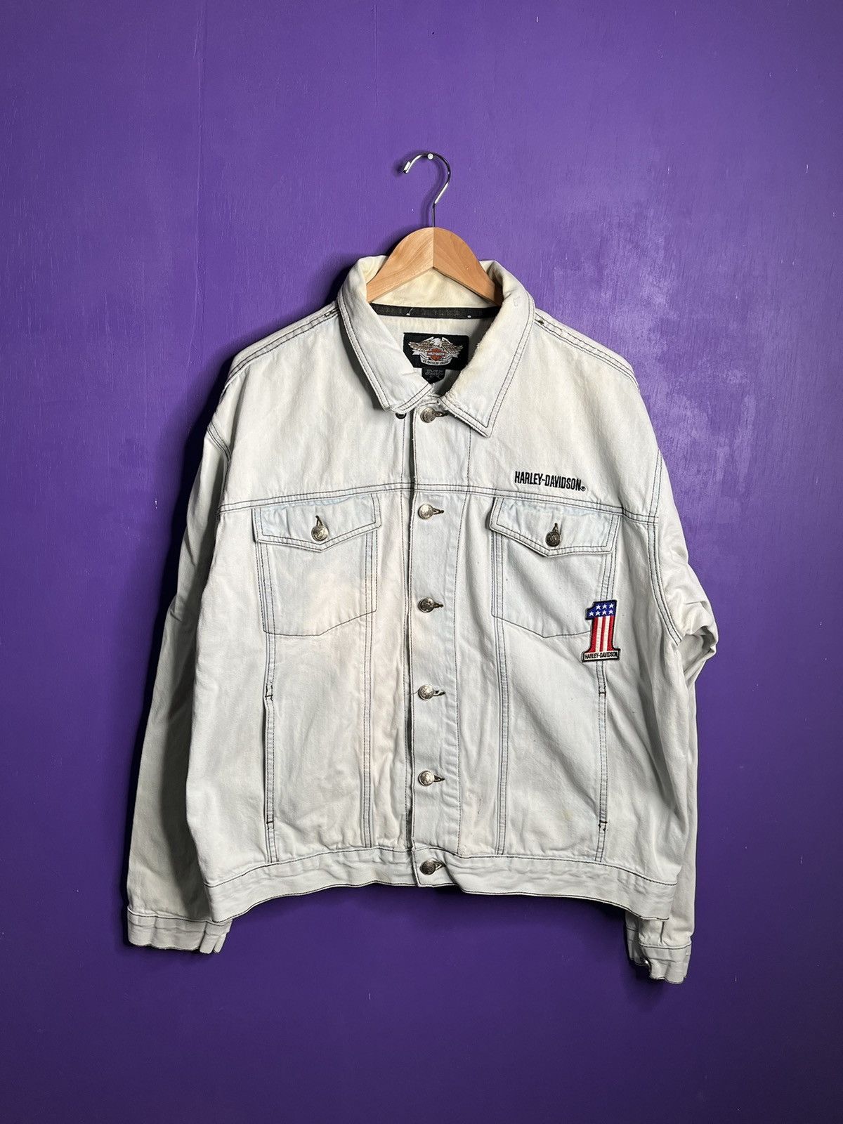 Harley Davidson × Vintage Vintage 90s Harley Davidson America 1 patch denim jacket Size US XL / EU 56 / 4 - 1 Thumbnail
