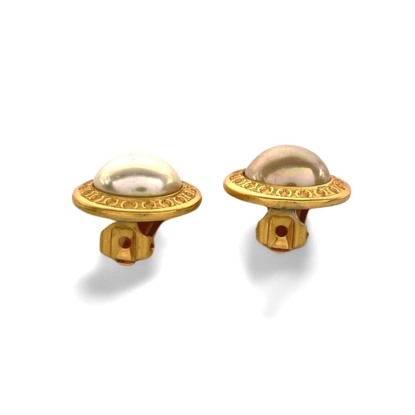 Celine Vintage Celine golden round frame faux pearl earrings. Size ONE SIZE - 4 Thumbnail