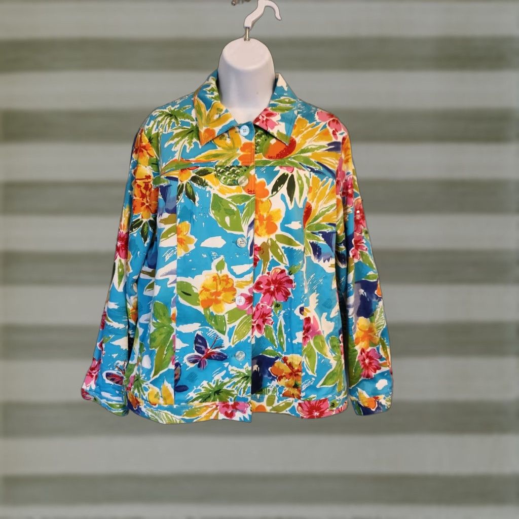 Laura Ashley Laura Ashley Jacket Womens Medium Multi-Color Tropical Floral Sequin All Seasons Casual Button Long Sleeve Regular Fit Cotton Blend Size M / US 6-8 / IT 42-44 - 1 Thumbnail