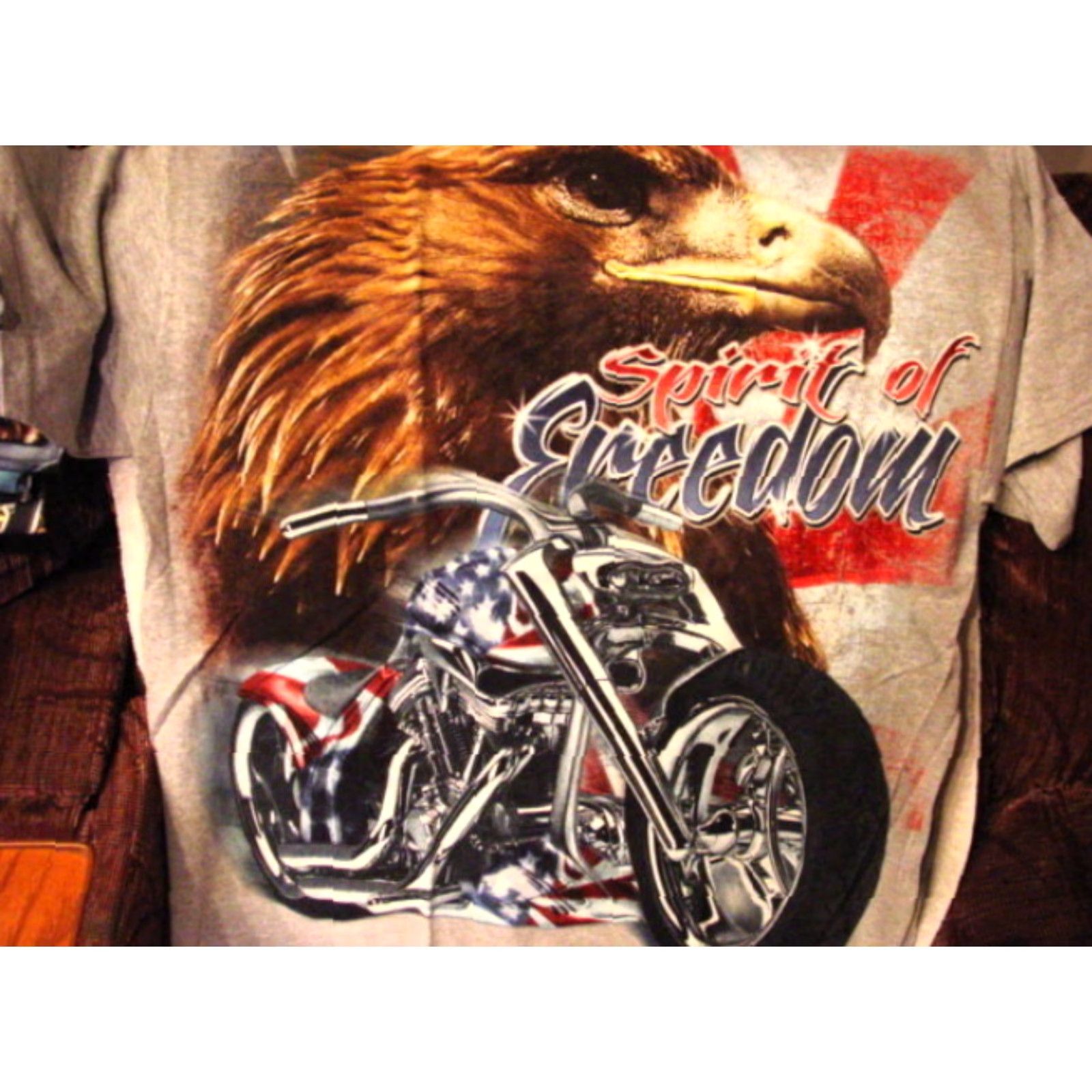 Vintage MOTORCYCLE AND EAGLE SPIRIT OF FREEDOM T-SHIRT Mens XL Gray Short Sleeve Graphic Tee Size US XL / EU 56 / 4 - 2 Thumbnail