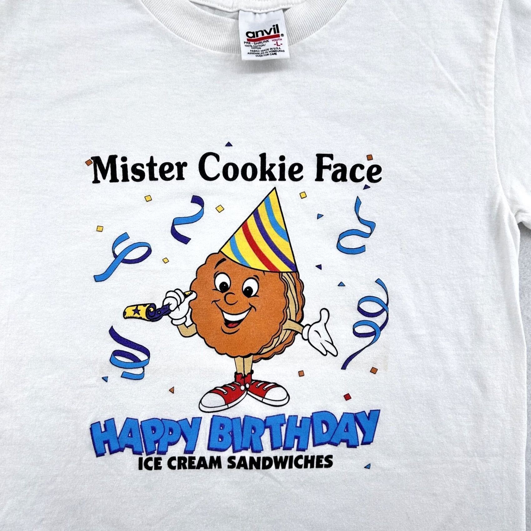 Anvil MISTER COOKIE FACE HAPPY BIRTHDAY ICE CREAM SANDWICHES T-Shirt XS Vintage 90s Nike Mens White Cotton Anvil Shirt Short Sleeve 1990s 80s 90s Size US XS / EU 42 / 0 - 5 Thumbnail