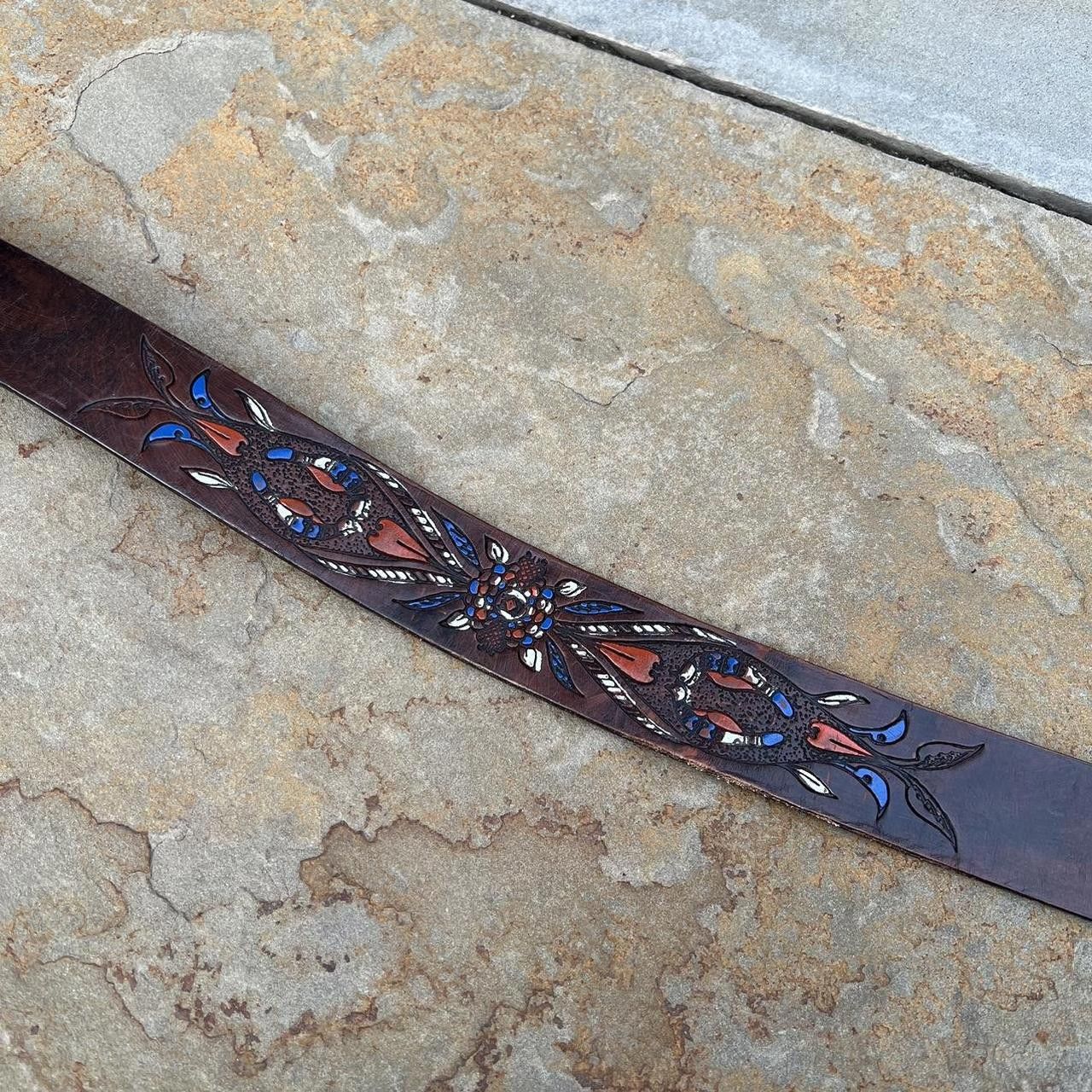 Designer Y2K Hand Tooled/Painted Brown Leather Belt Size ONE SIZE - 6 Thumbnail