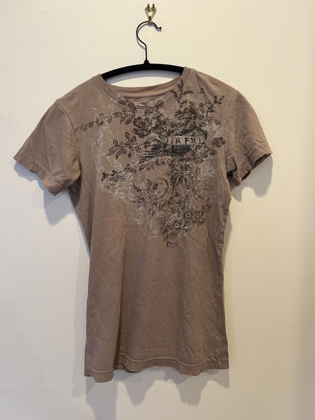 Other Sinful Brown Floral Winged Cross Graphic T-Shirt Y2K Gothic Size S / US 4 / IT 40 - 1 Thumbnail