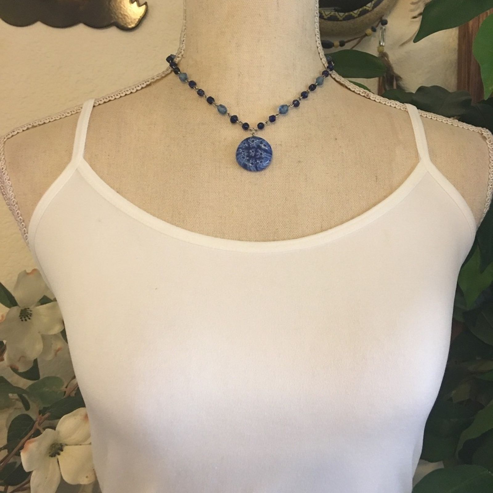 Jewelry Blue glass medallion beaded chain necklace Size ONE SIZE - 3 Thumbnail