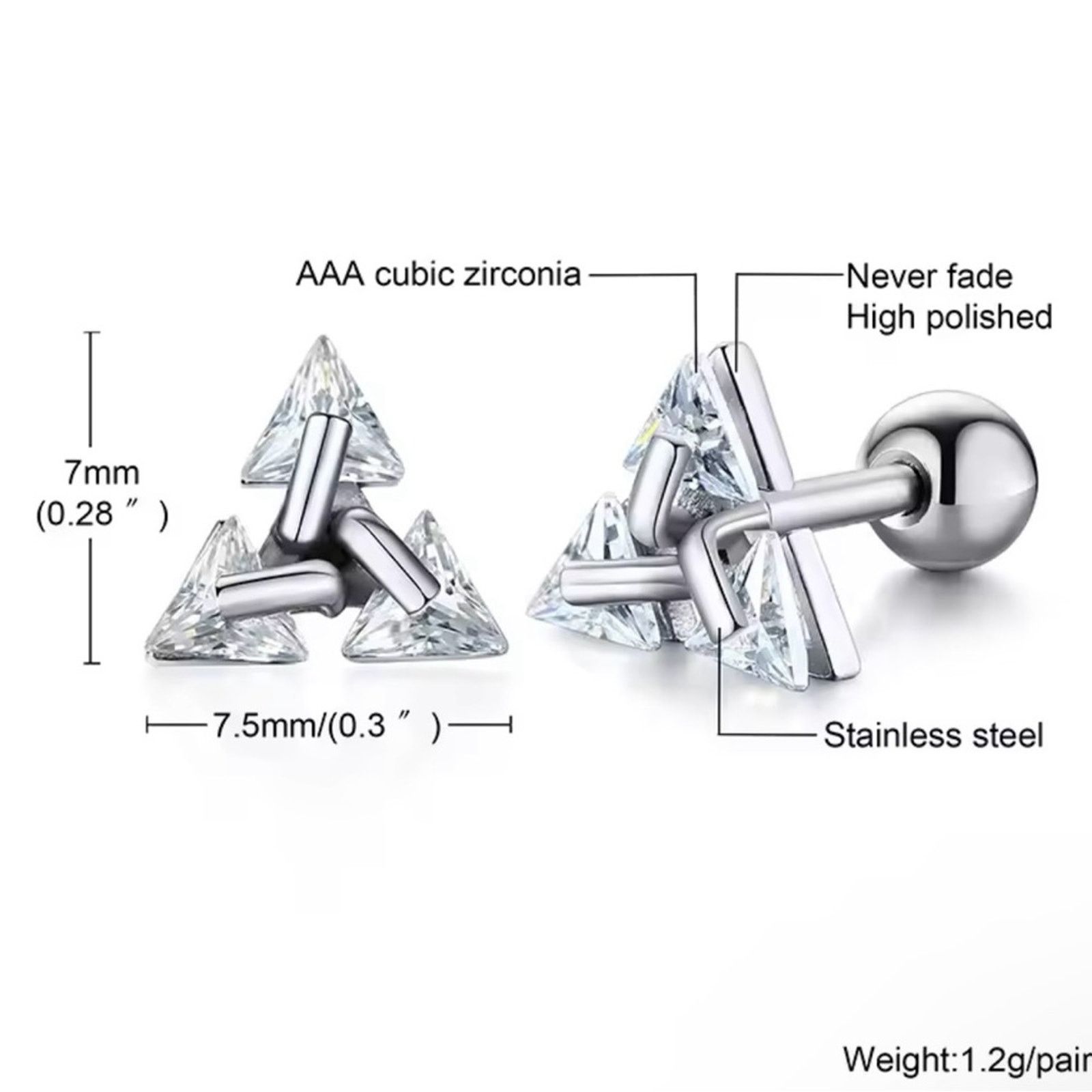 Other Men Stud Earring ,Triangle Pierced Crystal Zircon Stud Size ONE SIZE - 2 Thumbnail