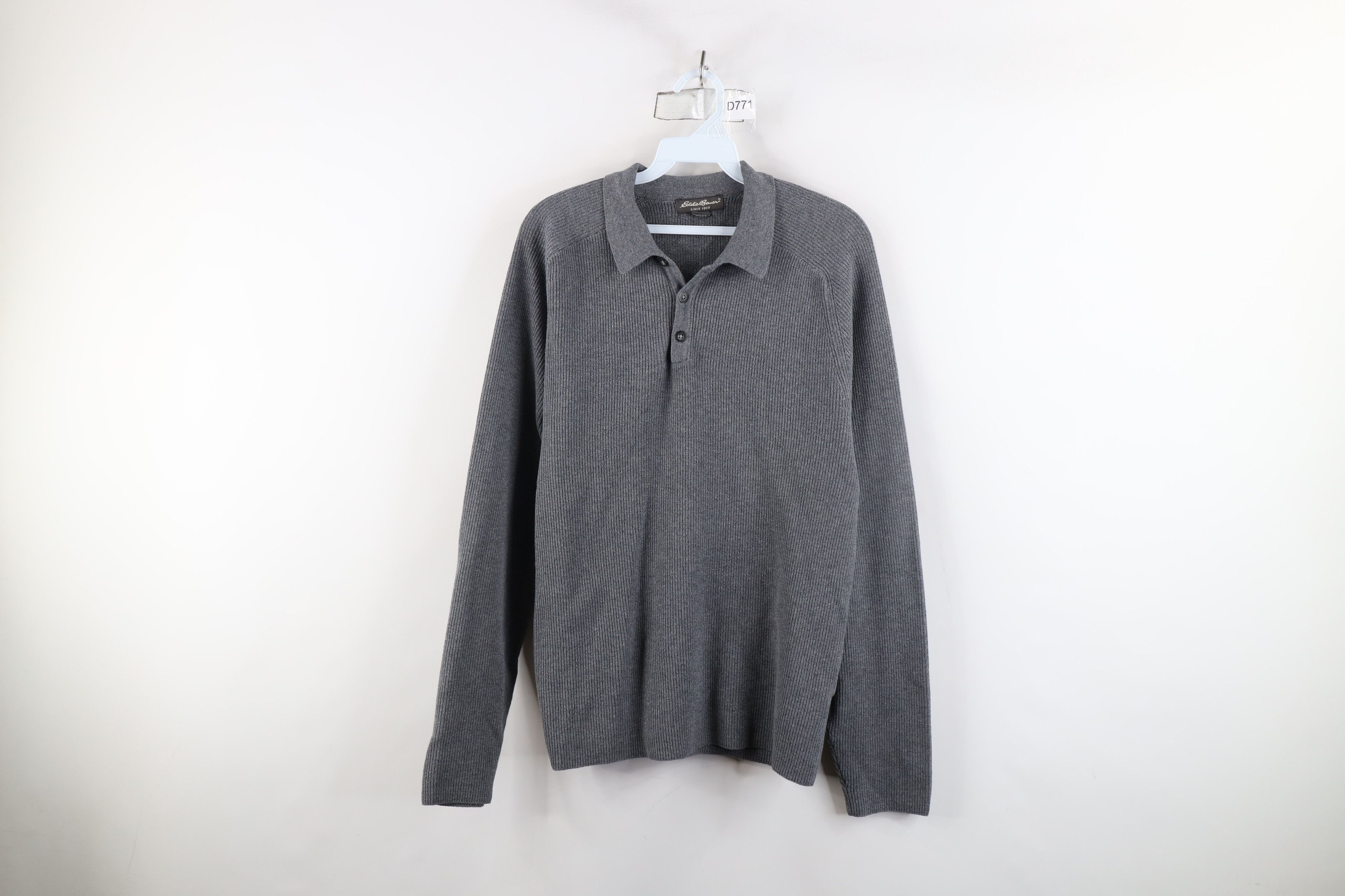 Eddie Bauer × Vintage Vintage 90s Eddie Bauer Ribbed Knit Long Sleeve Polo Gray Size US M / EU 48-50 / 2 - 1 Thumbnail