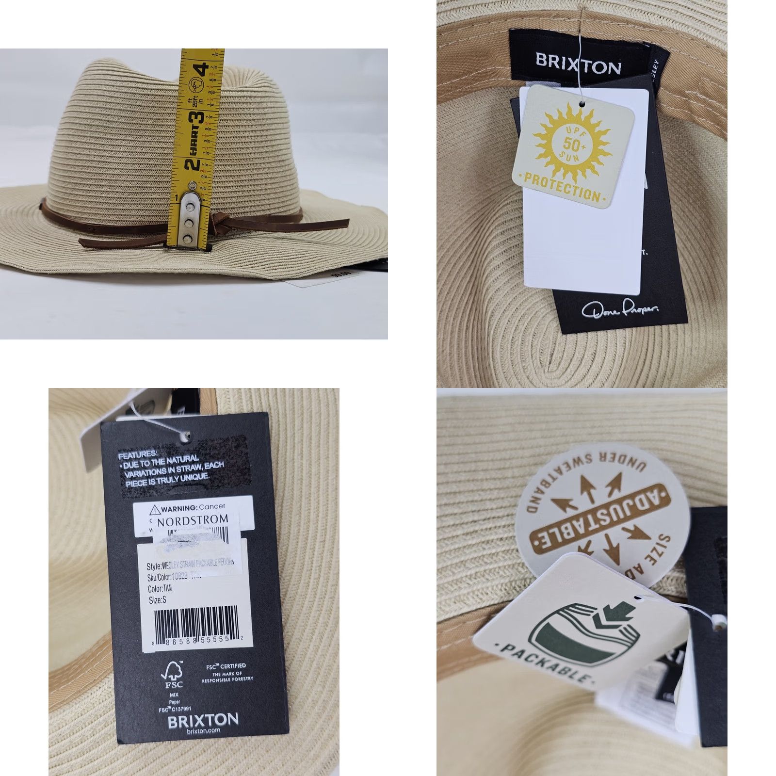 Brixton Brixton Wesley Straw Fedora Unisex Adjustable Packable UPF 50 Hat S Tan Fedora Size ONE SIZE - 8 Thumbnail