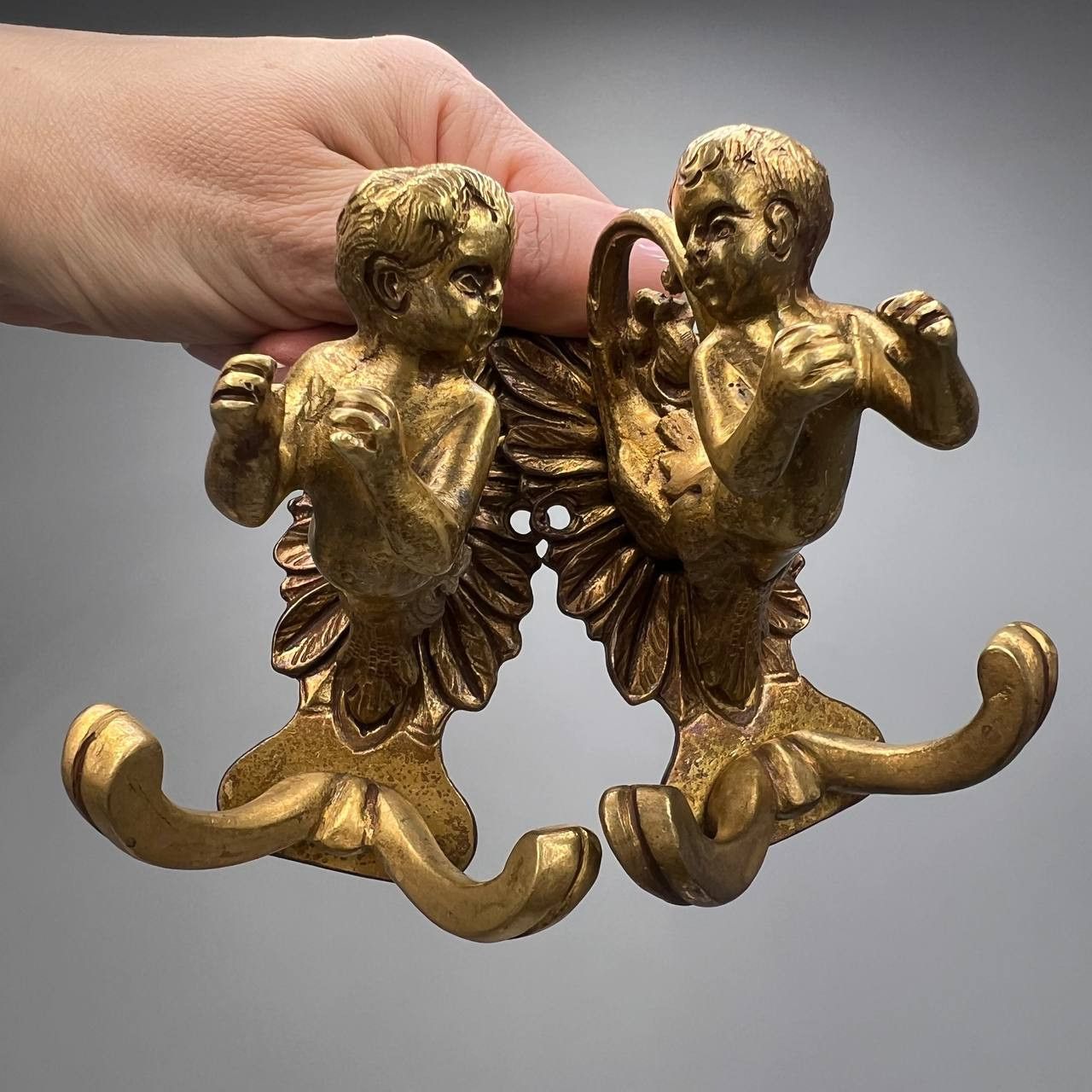 Vintage Pair Massive Bronze Coat Hooks Putti Cherub Baroque Style Size ONE SIZE - 1 Thumbnail