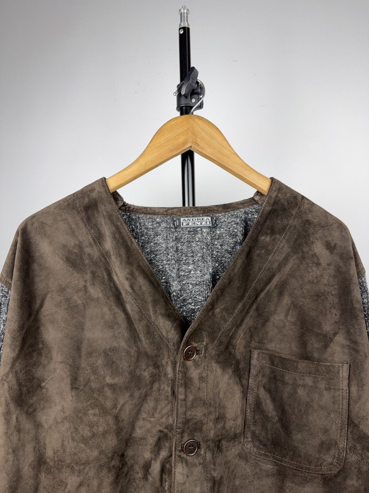 Japanese Brand Luxury 00s Andrea Fenzi Wool Suede Panel Cardigan Italy Size US XL / EU 56 / 4 - 2 Thumbnail