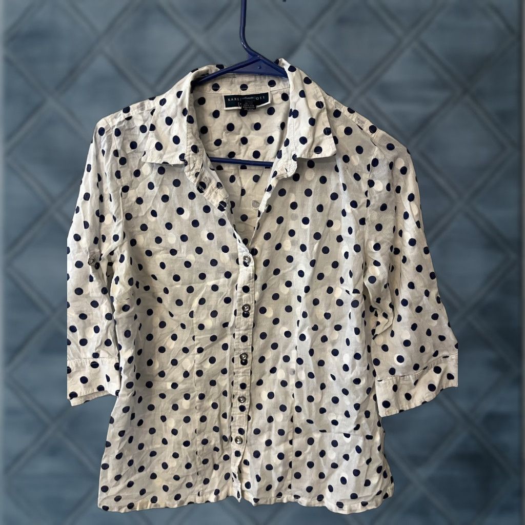 Vintage Karen Scott Women's Button-Up Shirt M White Polka Dot 3/4 Roll Tab Sleeve Classic Size M / US 6-8 / IT 42-44 - 1 Thumbnail