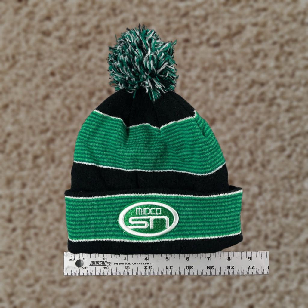 Vintage Midco Sports Beanie Toque Adult One Size Green Black Stripe Knit Acrylic Ski Pom Size ONE SIZE - 1 Thumbnail