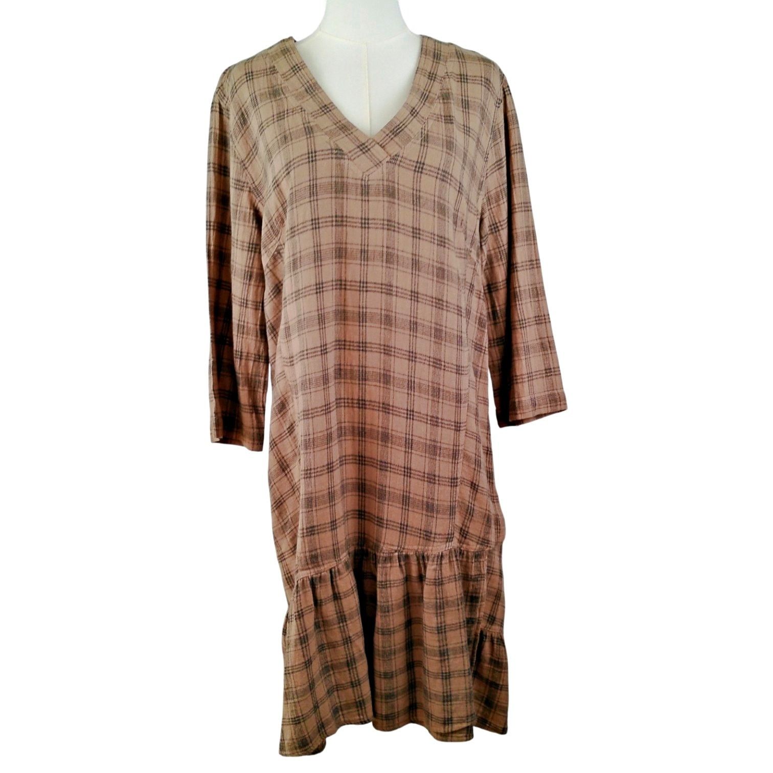 Other Wrap London Brown Plaid Linen Midi Dress Lagen Boho Size L / US 10 / IT 46 - 2 Thumbnail
