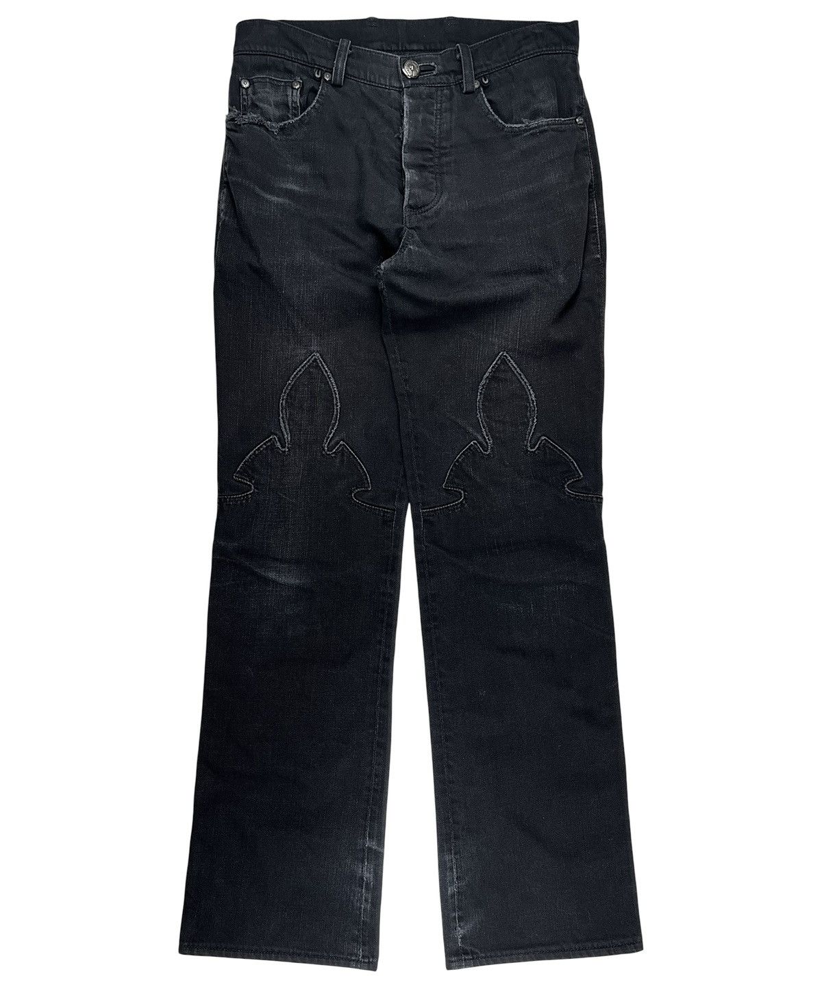 Pre-owned Chrome Hearts Thrashed Fleur Knee Bootcut Faded Denim Jeans In Black