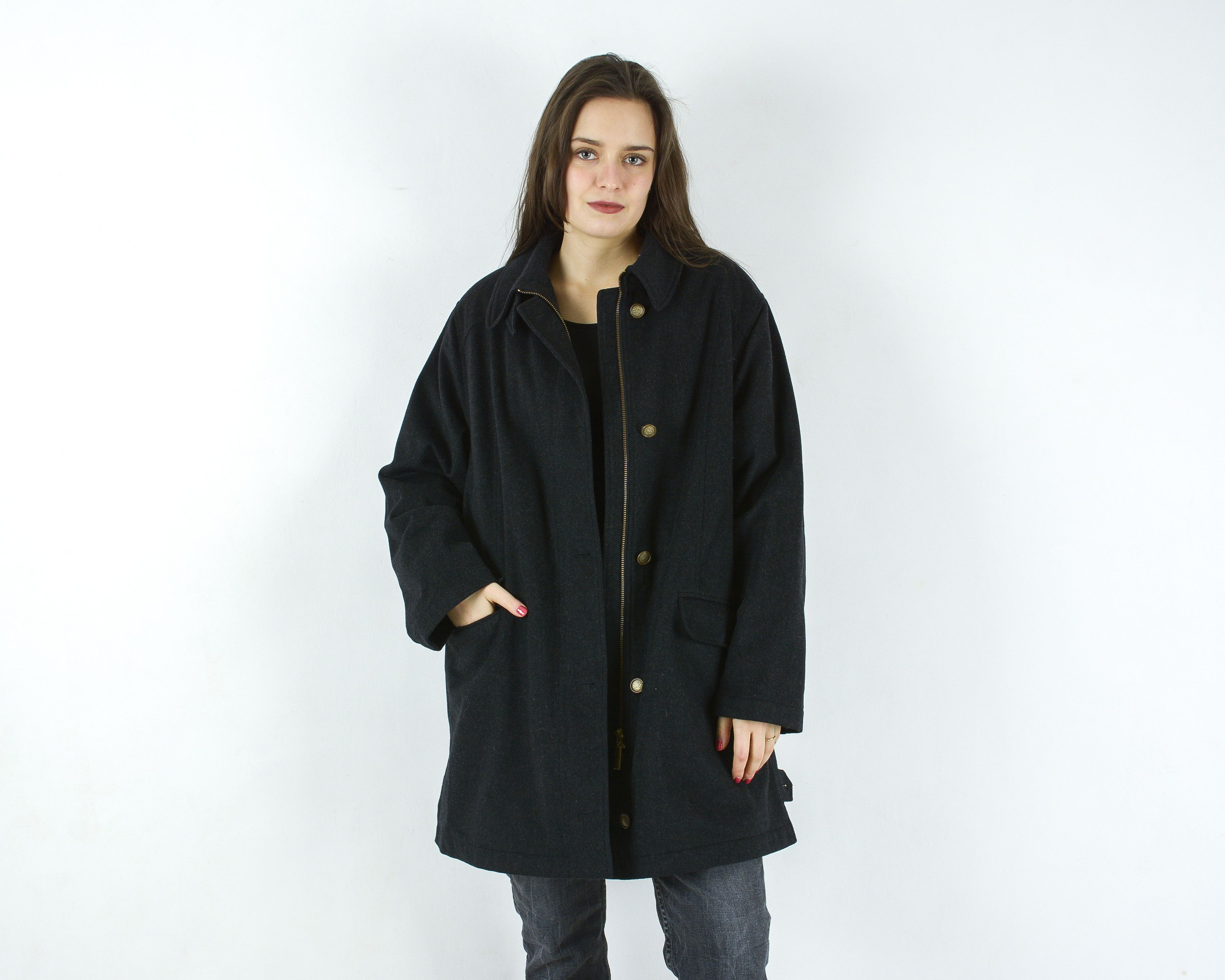 image of Vintage Loden Frey Wool Cashmere Coat Full Zip Up Jacket Black, Women's (Size Large)
