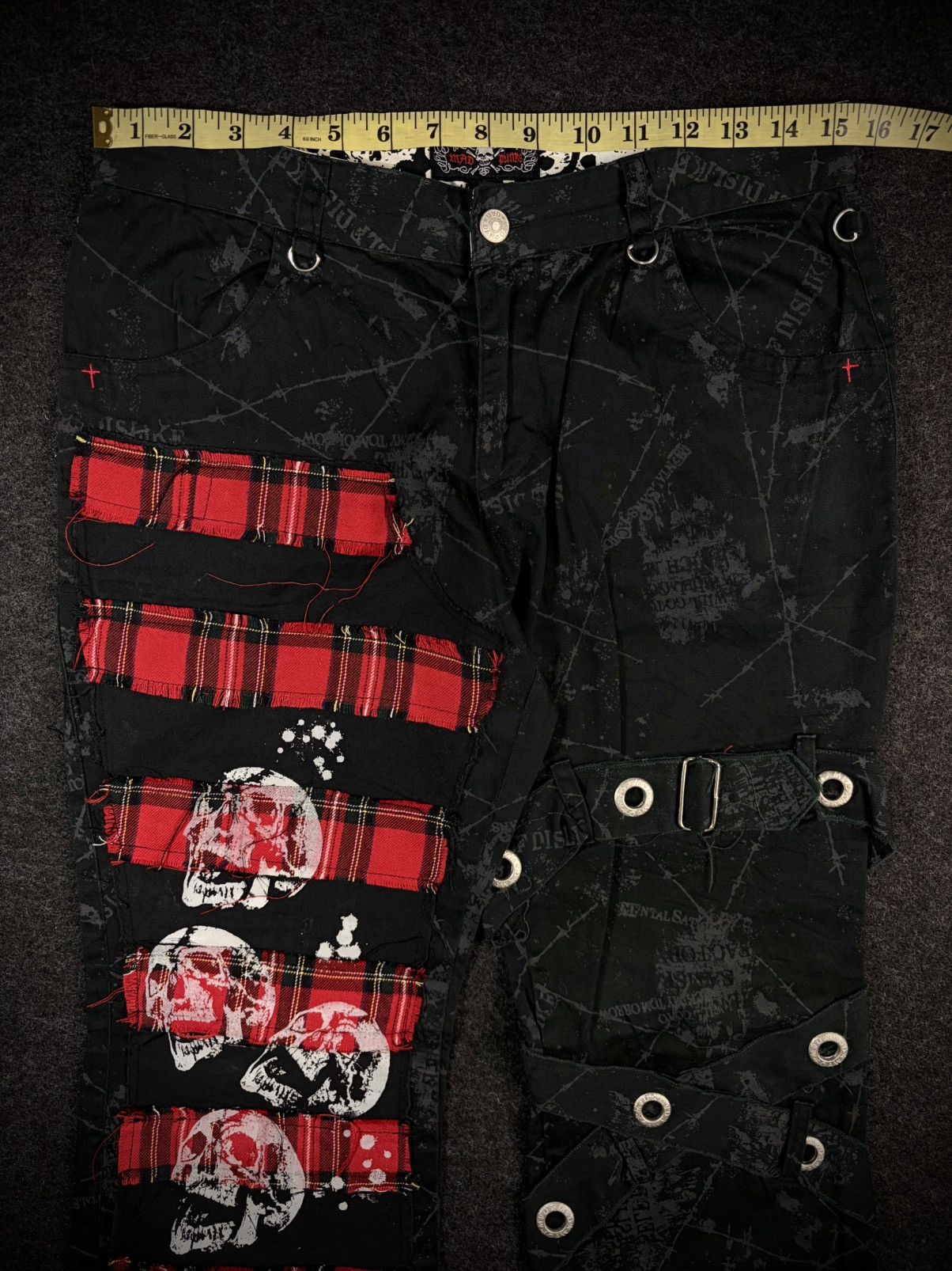 Tornado Mart Mad Punks Skull Plaid All Over Print Bondage Pants Size US 30 / EU 46 - 4 Thumbnail