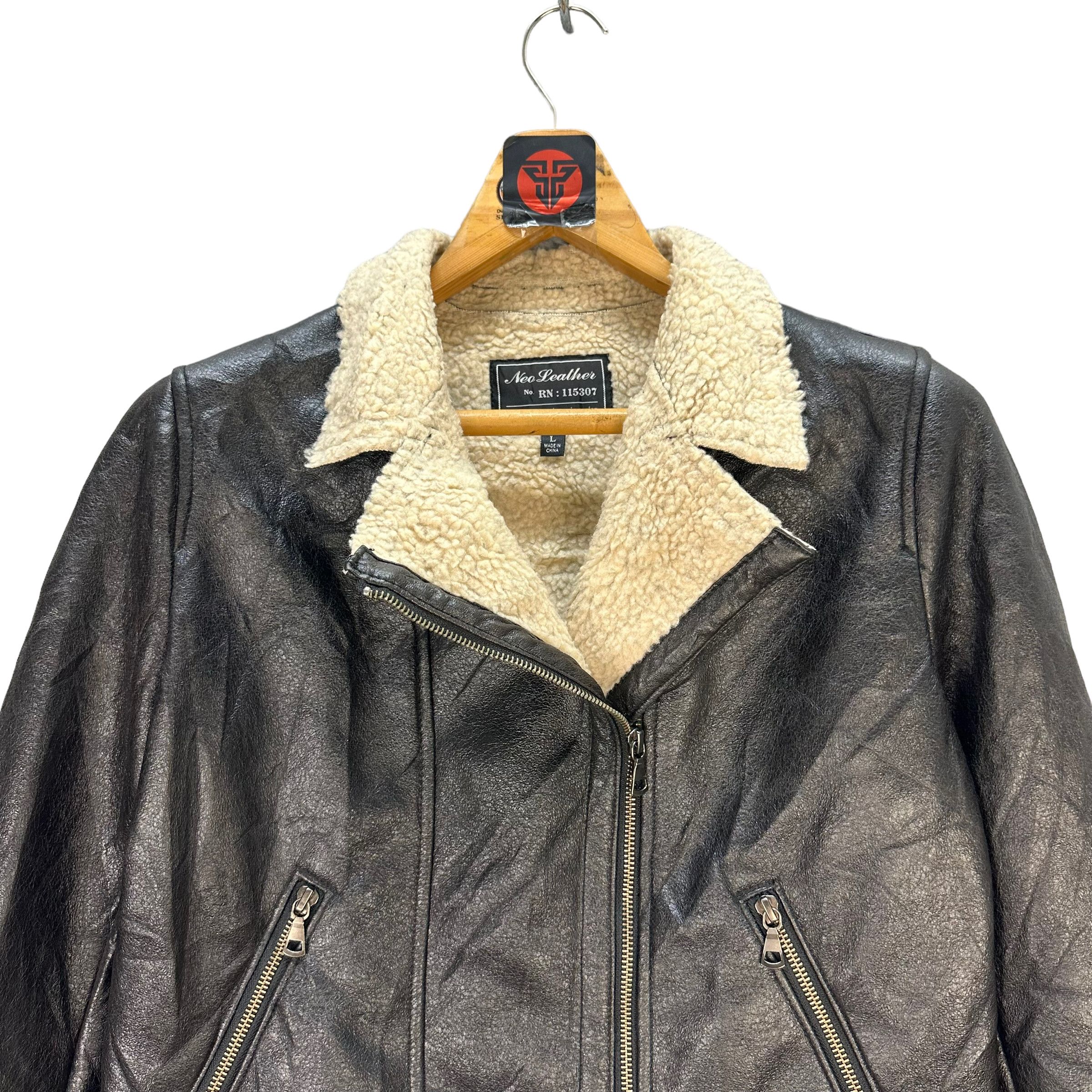 Japanese Brand NEO LEATHER DOUBLE COLLAR SHEARLING JACKET #7535-151 Size L / US 10 / IT 46 - 2 Thumbnail