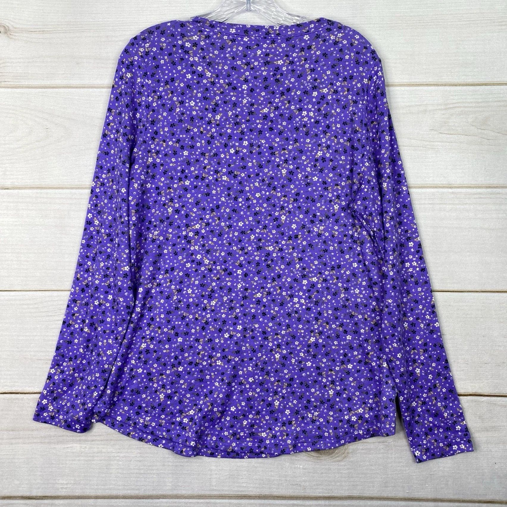 Ann Taylor Ann Taylor LOFT Blouse Top L Purple Micro Floral Knit Long Sleeve Scoop Neck Casual Boho Pattern Floral Women's Shirt) Size L / US 10 / IT 46 - 6 Thumbnail