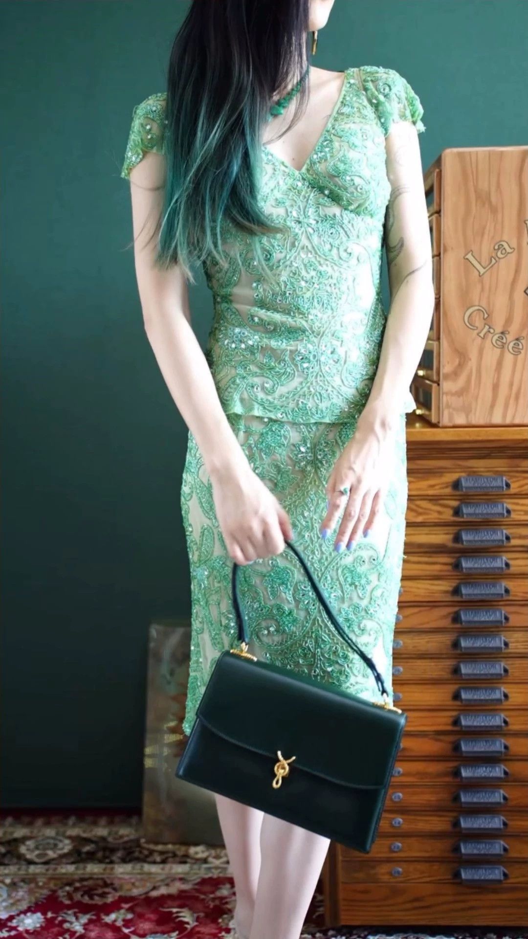 Other Vintage USA Green Silk Organza Hand Beaded Top & Skirt Set Size M / US 6-8 / IT 42-44 - 1 Thumbnail