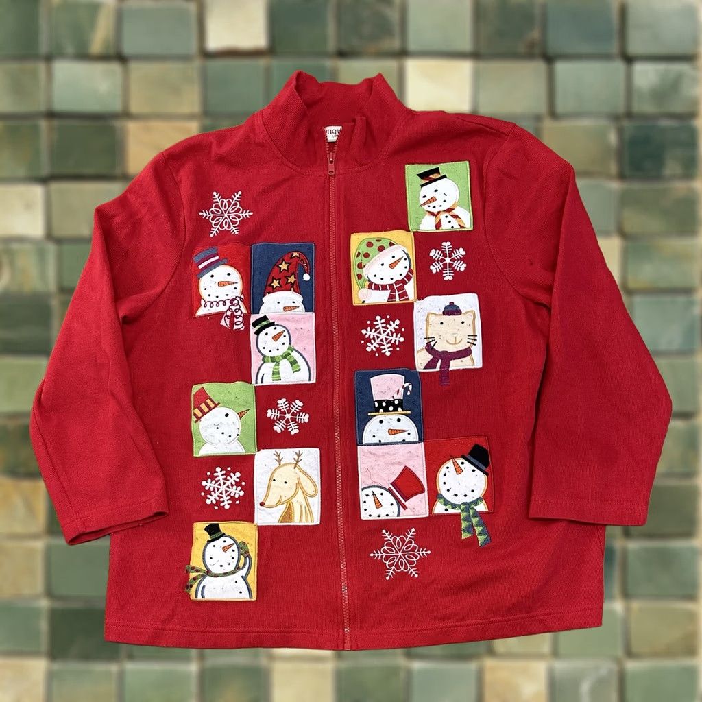 Vintage ONQUE WOMAN Full Zip Christmas Fleece Sweater Jacket XL Red Knit Lightweight Casual Winter Size XL / US 12-14 / IT 48-50 - 1 Thumbnail
