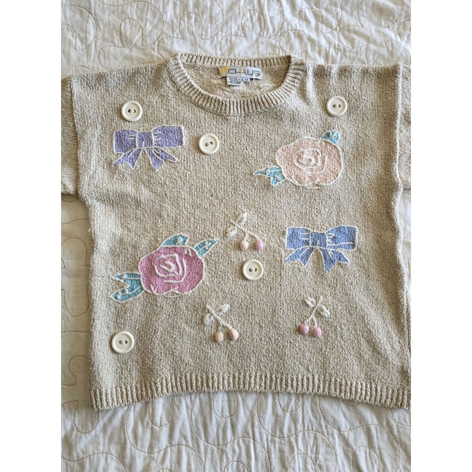 Vintage VINTAGE CHAUS Cottagecore Sweater Womens Medium Large Beige 1980s 90s Fairycore Arts & Crafts Cotton Blend Size M / US 6-8 / IT 42-44 - 2 Thumbnail