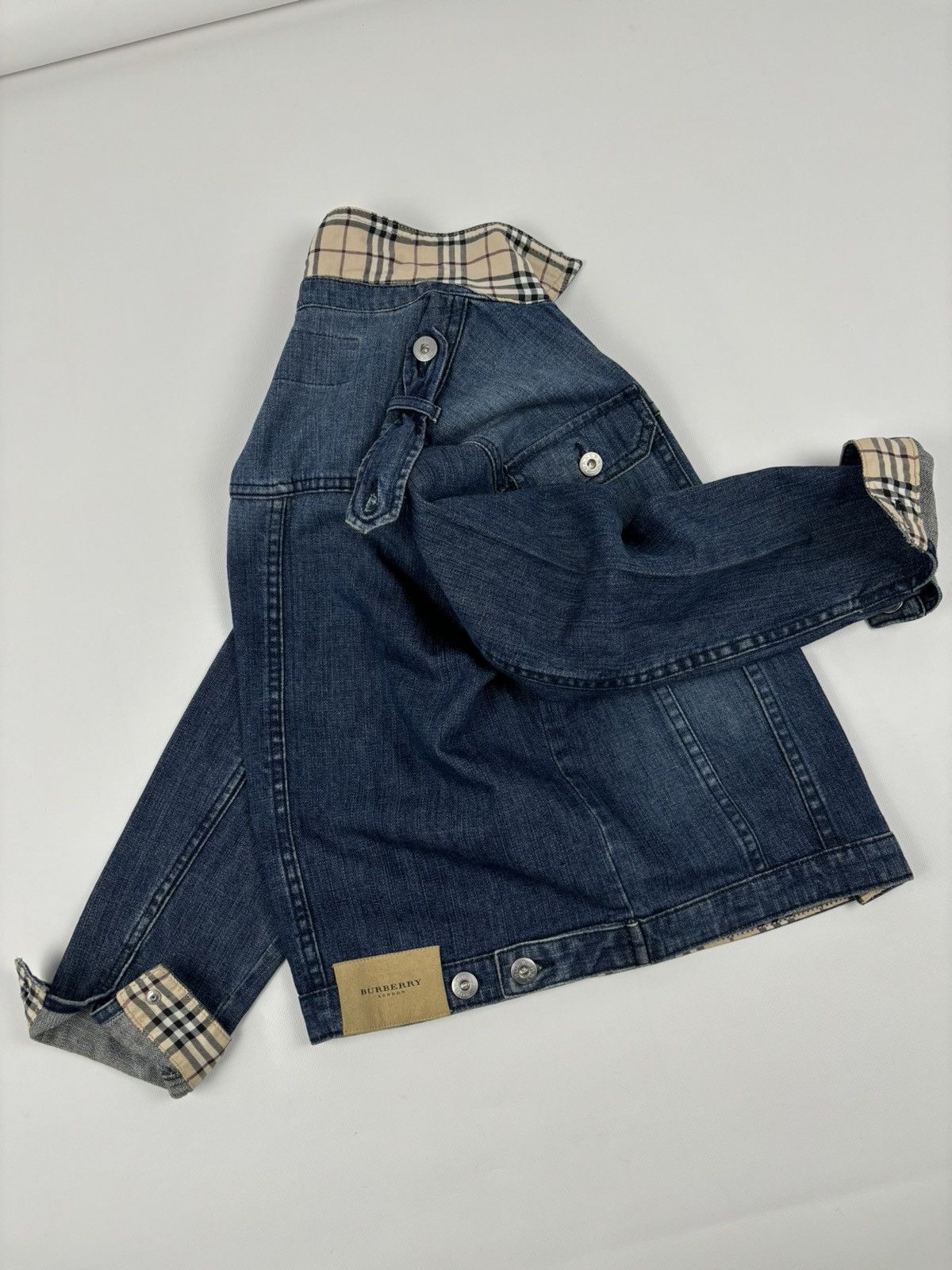 Burberry × Burberry Prorsum × Vintage BURBERRYS Nova Check Trim Denim Blue Trucker Buttons Jacket Jean Crop Bomber XS-S Size XS / US 0-2 / IT 36-38 - 3 Thumbnail