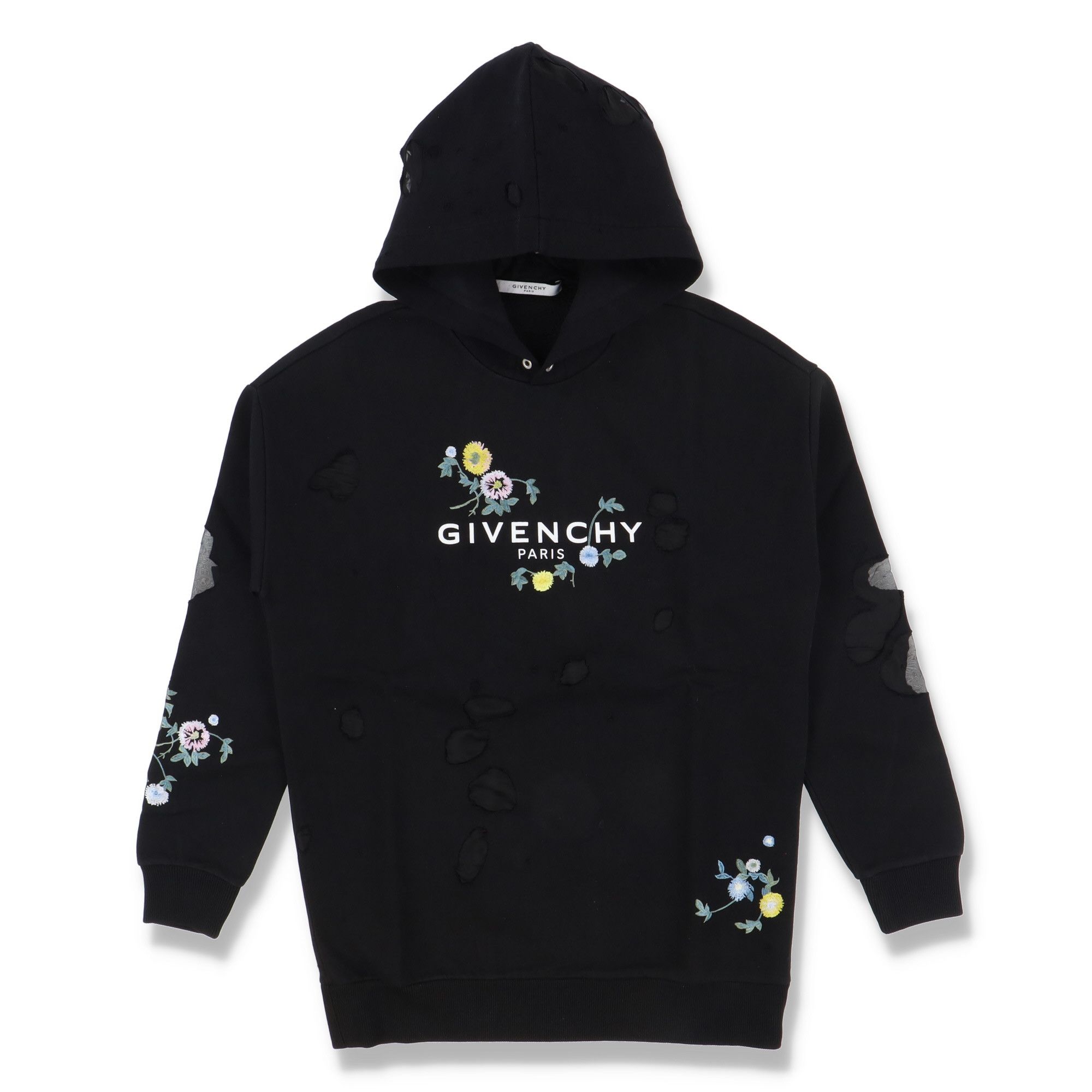 Givenchy Black Floral Embroidered Destroyed Logo Hoodie Size L / US 10 / IT 46 - 2 Thumbnail