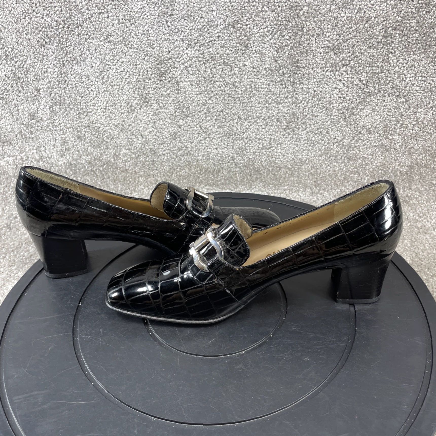 Salvatore Ferragamo Black Crocodile Patent Leather Pumps Womens
