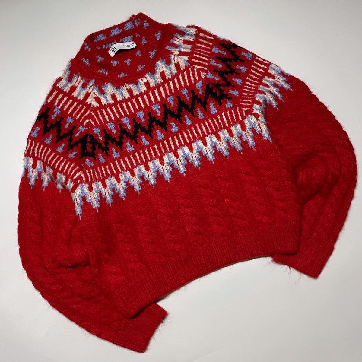 Zara cable knit jacquard fair sale sweater red
