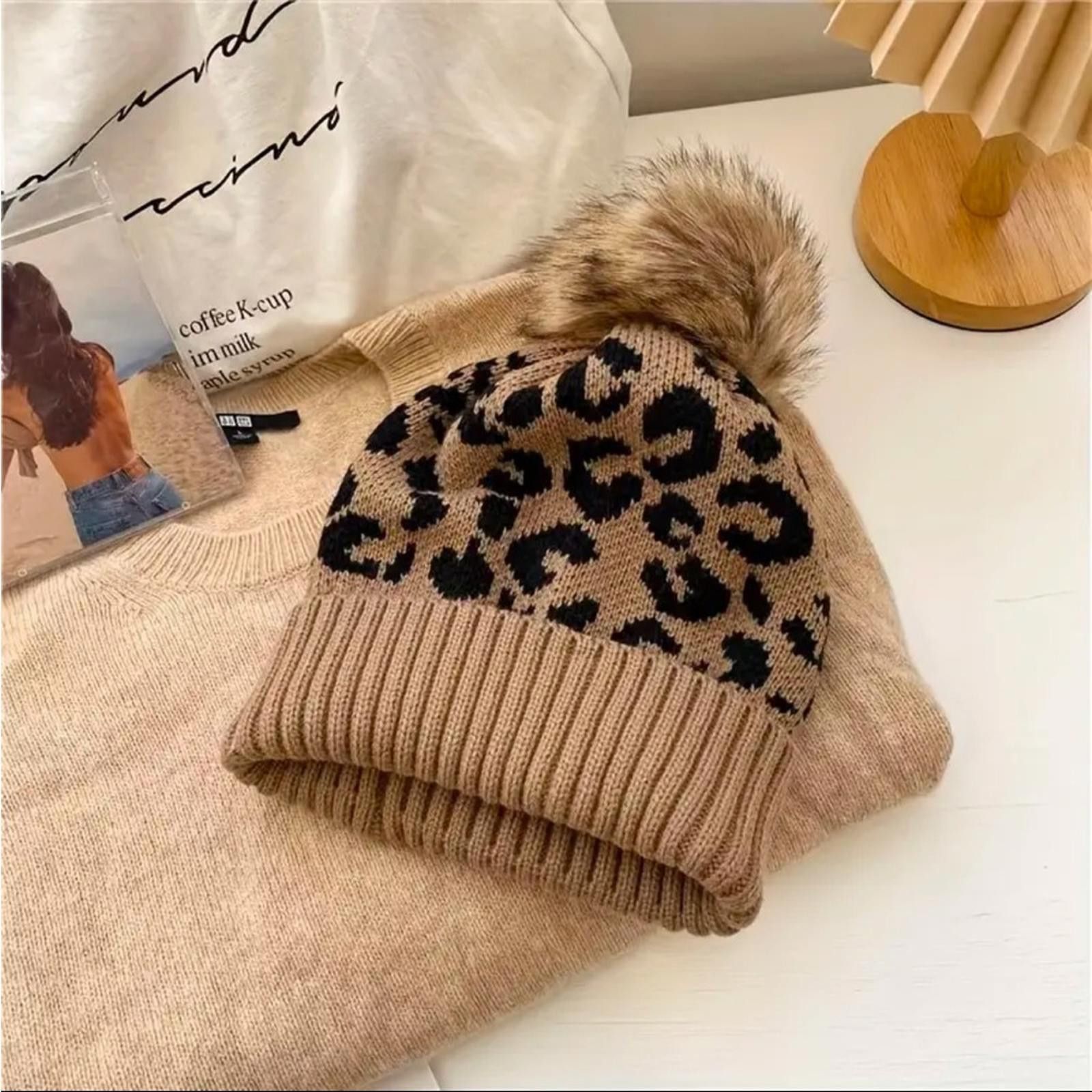 Designer Leopard Beanie Pom Pom Hat NWT Size ONE SIZE - 1 Thumbnail