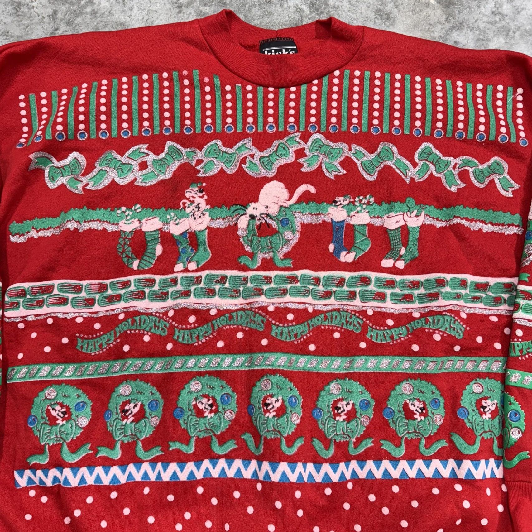 Vintage VINTAGE Kicks Sweatshirt Mens XL Red Christmas Elf Wreath Happy Holidays 80s Graphic Print Knit Crew Neck Pullover Sweater Size US XL / EU 56 / 4 - 3 Thumbnail