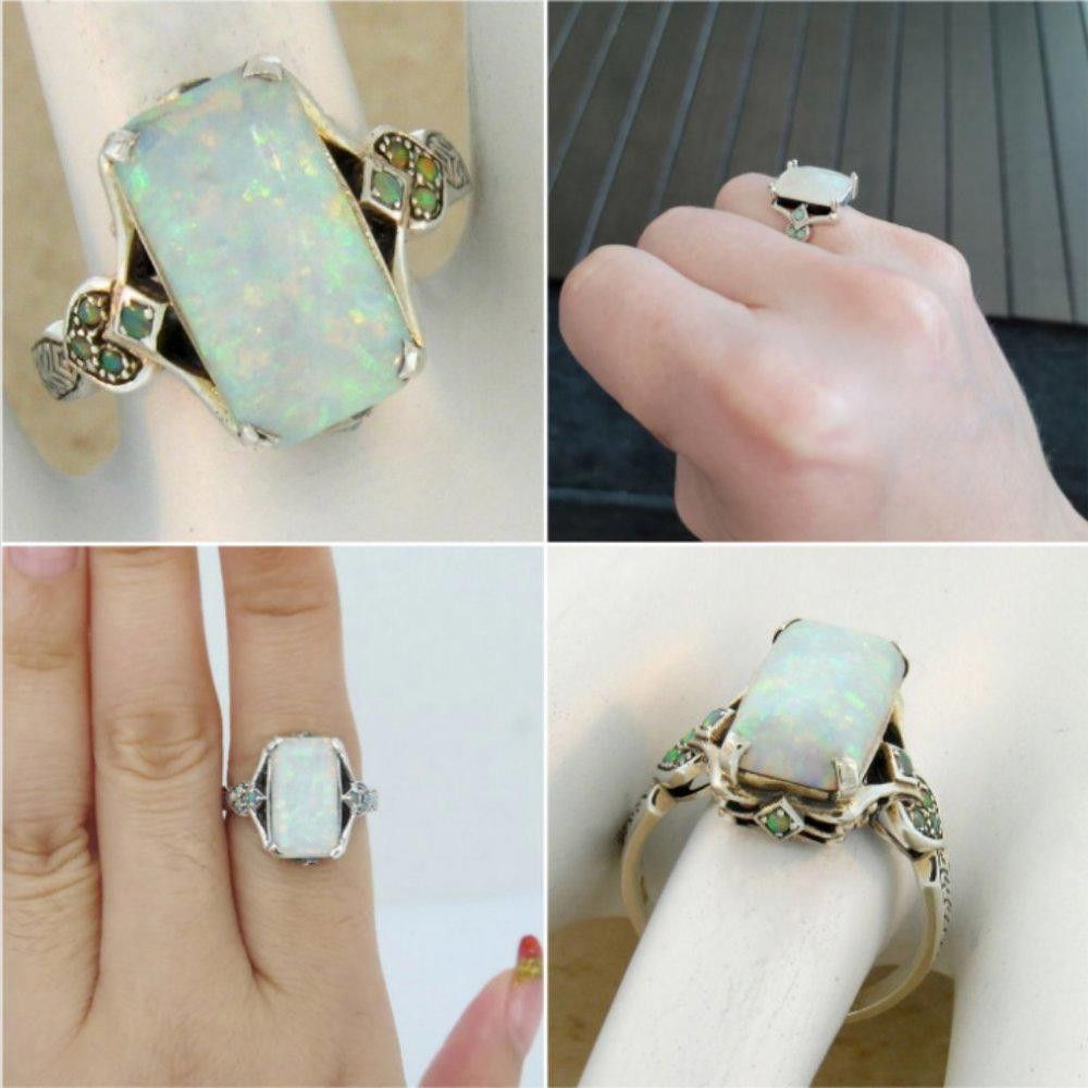 Designer Victorian Style Square White Fire Opal Silver Ring - Size 7 Size ONE SIZE - 6 Thumbnail