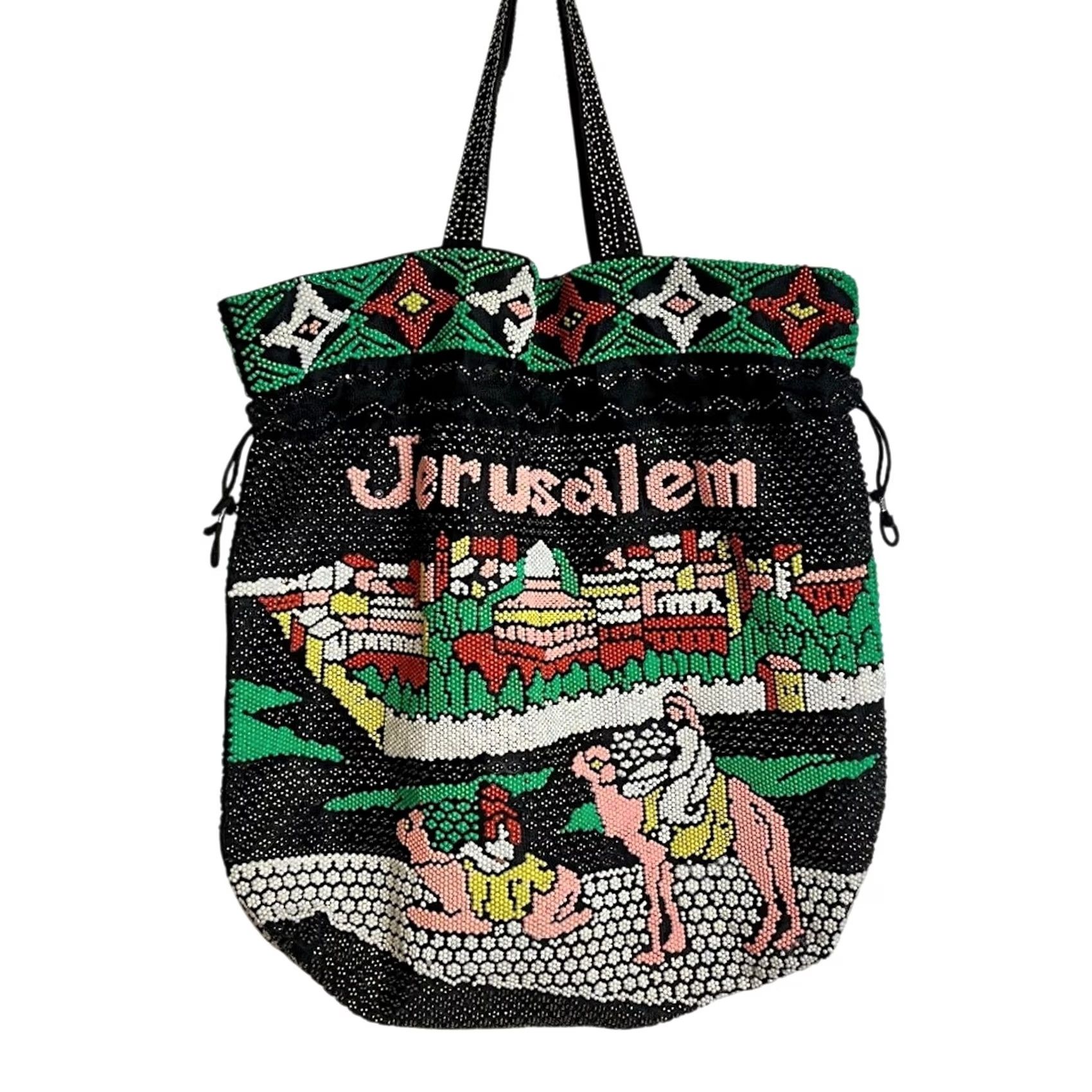 Doublet VINTAGE Jerusalem Cityscape Beaded Tote Bag Purse Handmade Black Double Handle Satchel Top Handle Women Medium Size ONE SIZE - 2 Thumbnail