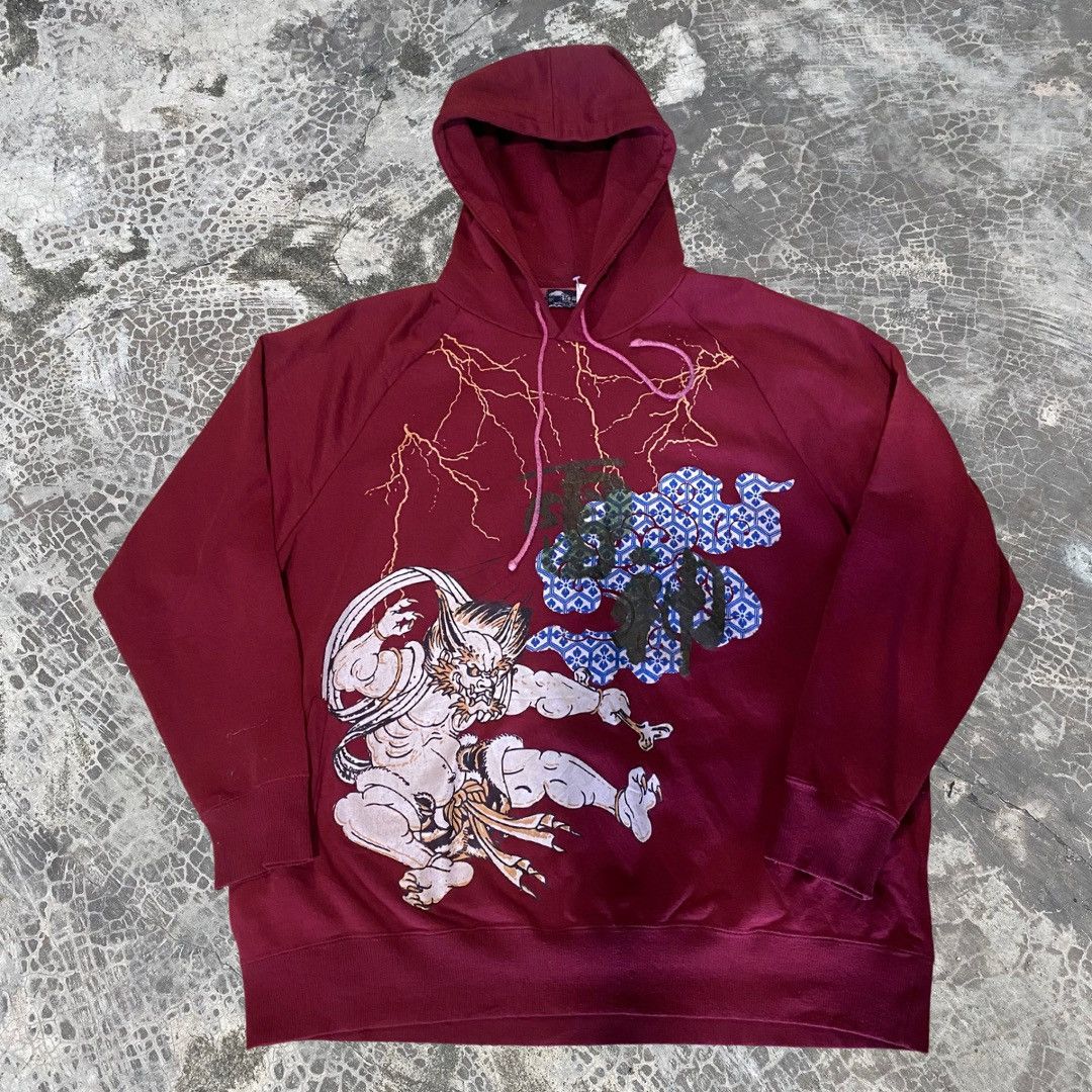 image of Sukajan Souvenir Jacket Sukajan Souvenir Lightning Thunder Raijin Overprint Hoodie in Maroon (Size 
