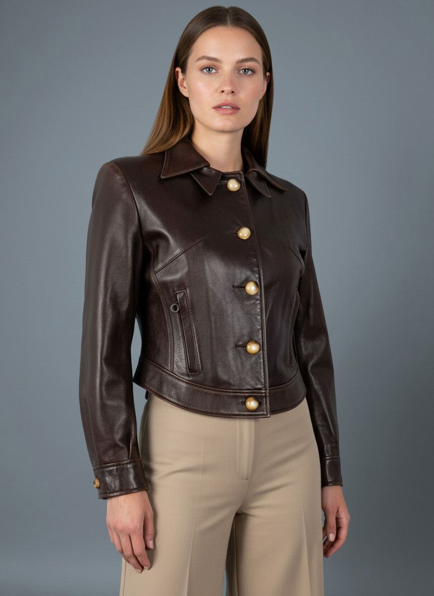 Vintage Vintage UK Women's Brown Cropped Leather Button Down Jacket Size L / US 10 / IT 46 - 1 Thumbnail