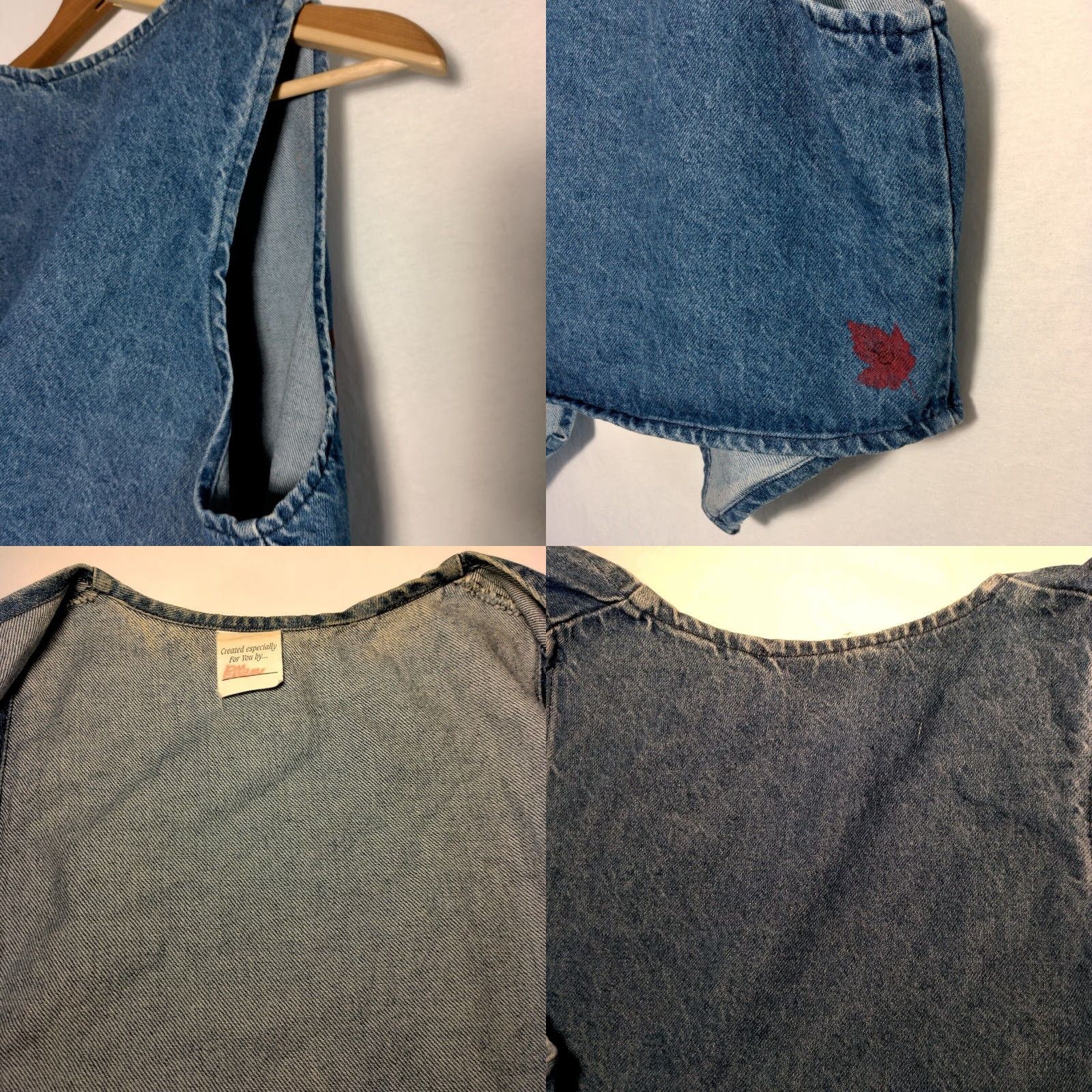 Denime VINTAGE Upcycled Jean Vest Women One Size Blue Denim Painted Leaves Fall Autumn Leaf Size 42" / US 20 - 10 Thumbnail