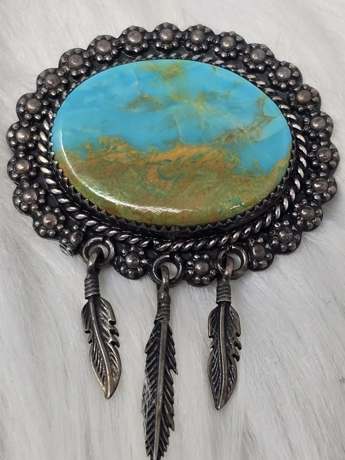 Other Native American 925 Silver Turquoise Feather Pin Pendant Size ONE SIZE - 1 Thumbnail