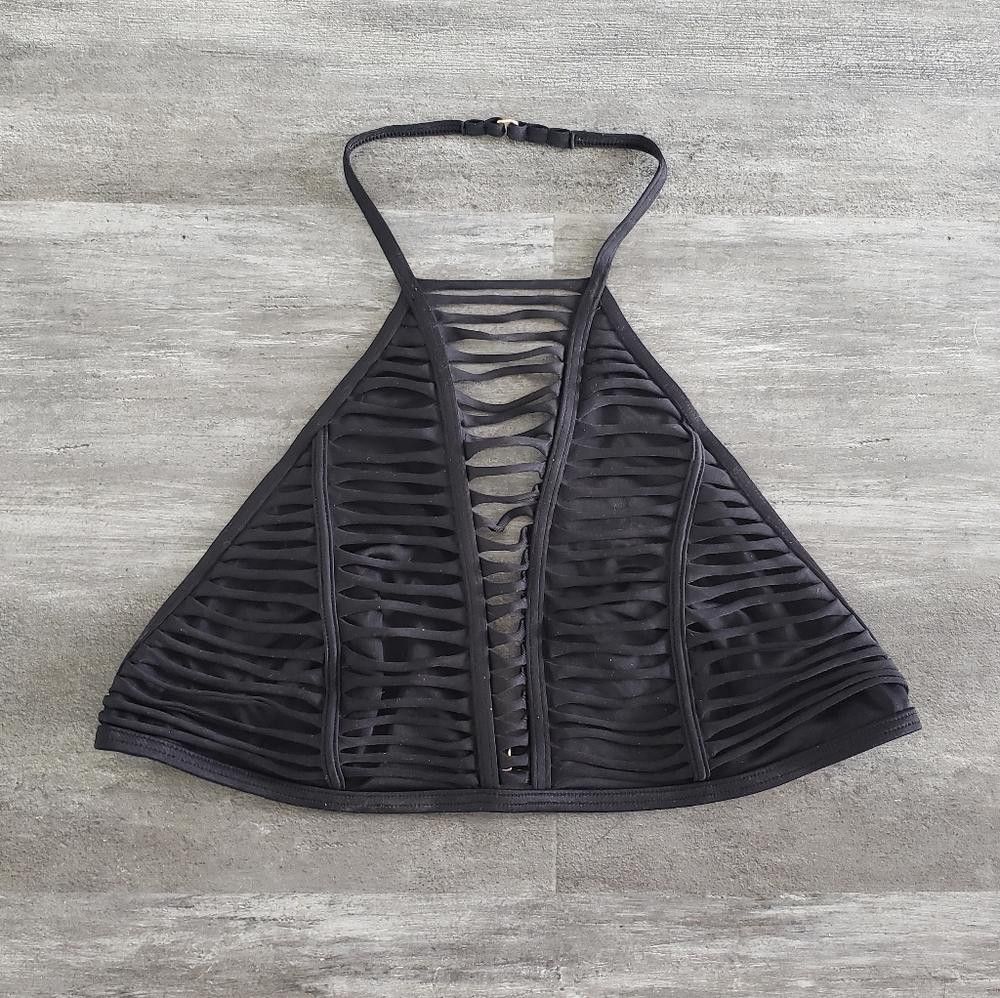 Designer Black Shredded VS High Neck Halter Bikini Top Size ONE SIZE - 1 Thumbnail