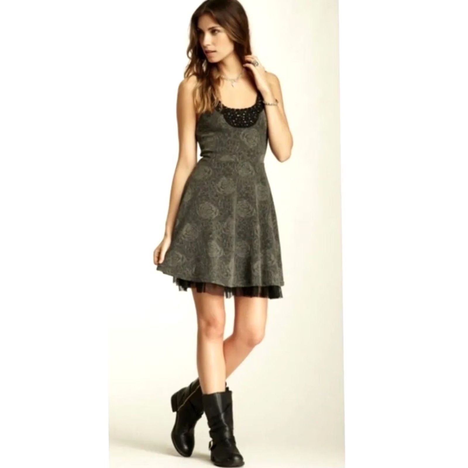 Free People Free People Womens Mini Dress XS Lace Beaded Floral Gray Black Sleeveless Fit Size XS / US 0-2 / IT 36-38 - 3 Thumbnail